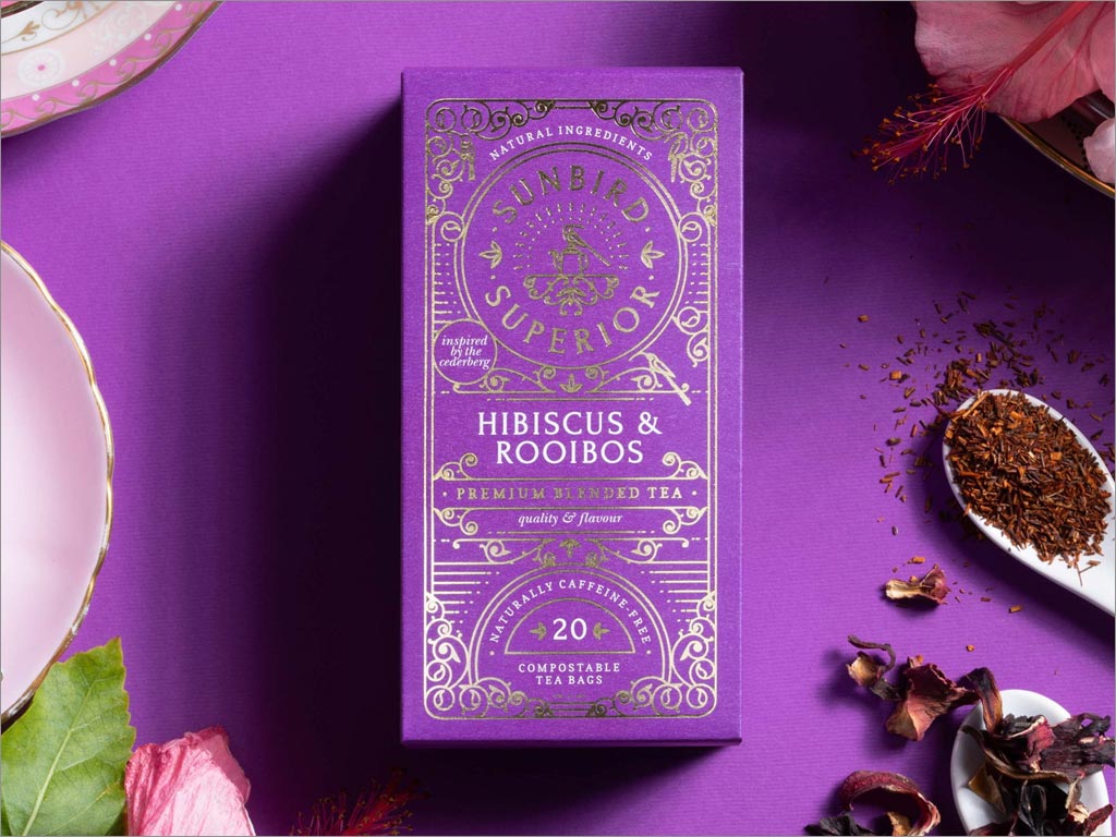 南非Sunbird Rooibos Tea優雅的茶葉包裝設計之紫色款