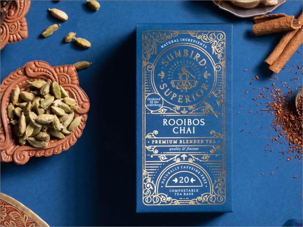 南非Sunbird Rooibos Tea優雅的茶葉包裝設計之藍色款