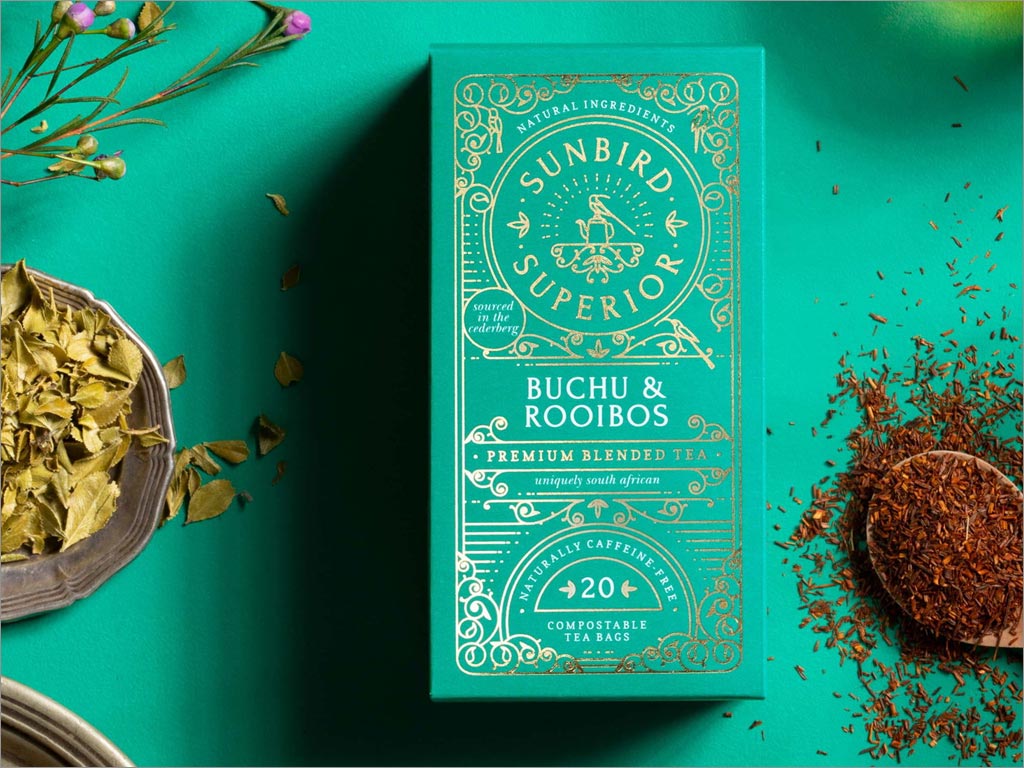 南非Sunbird Rooibos Tea優雅的茶葉包裝設計之綠色款