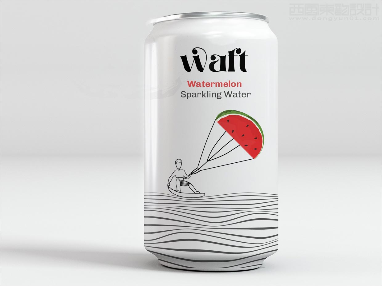 俏皮插圖風(fēng)格的美國waft西瓜風(fēng)味氣泡蘇打水包裝設(shè)計(jì)